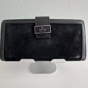 Authentic Gucci Suede Continental Wallet with Black Leather Trim and back Flap